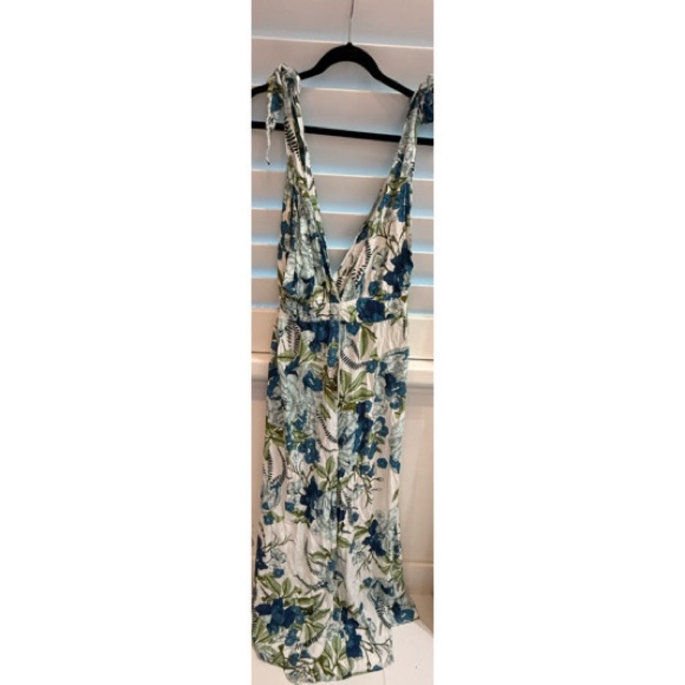 Blue and Green Plunge Neck Sleeveless Maxi Sundress